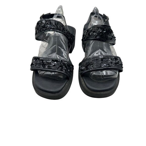 Coaster Size 9 Sandals With Sequined Straps & Chunky Heel Black - Picture 1 of 7